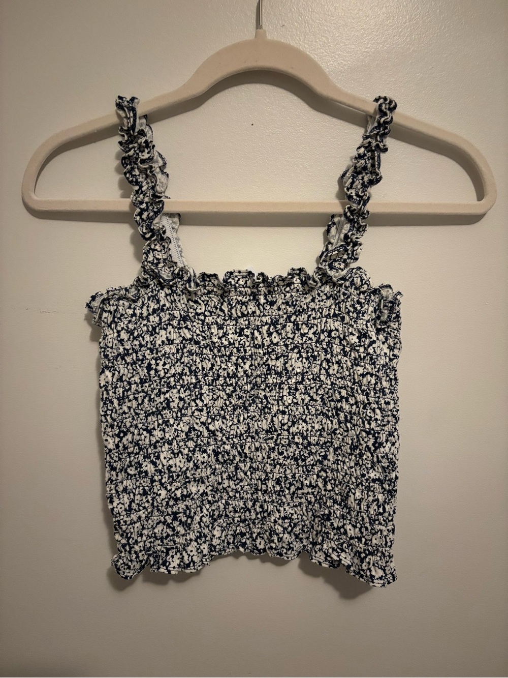 Old Navy Navy and White Smocked Floral Crop Tank
